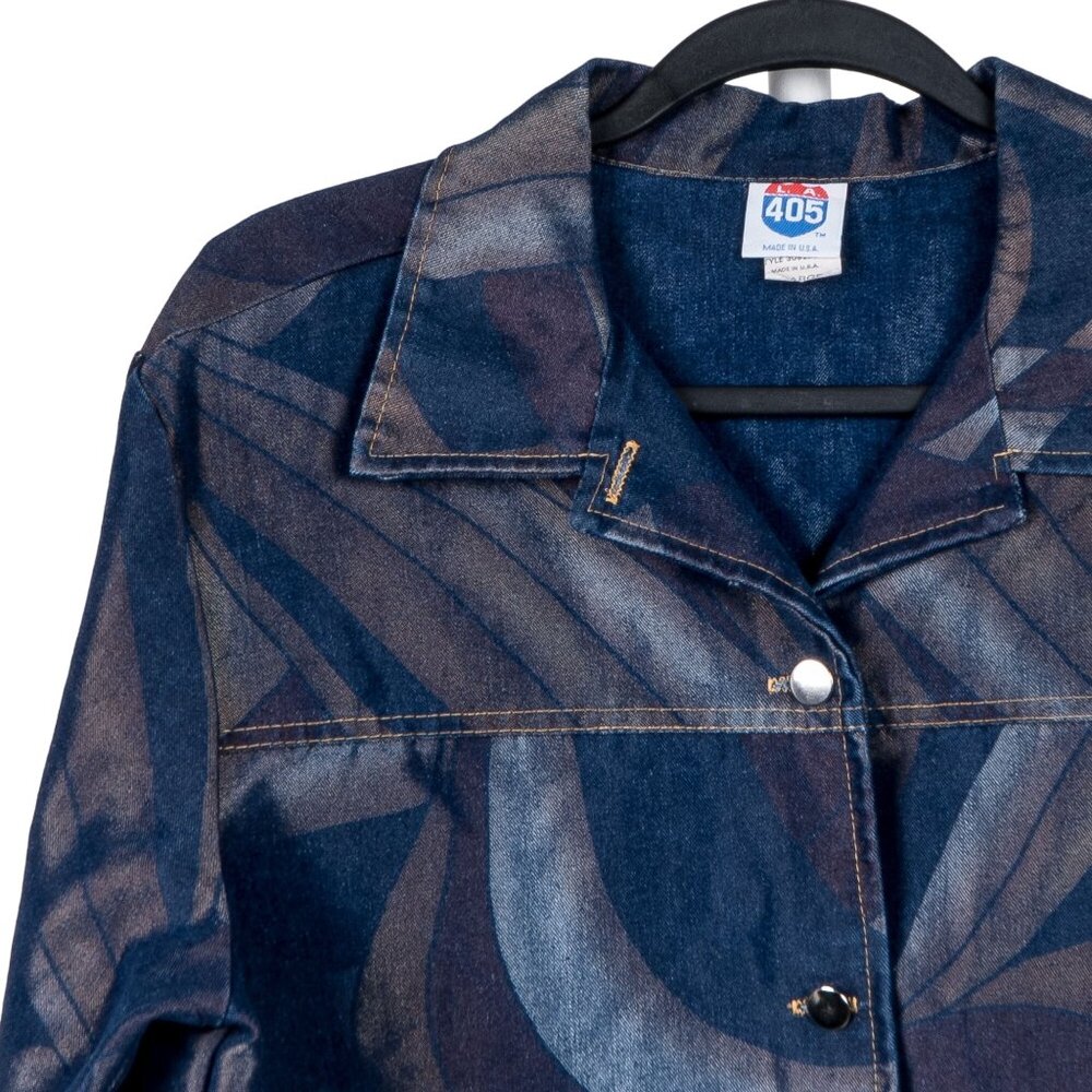 LA 405 Metallic Denim Jean Jacket VTG L Womens Blue Swirls Button Cotton USA - Picture 2 of 7